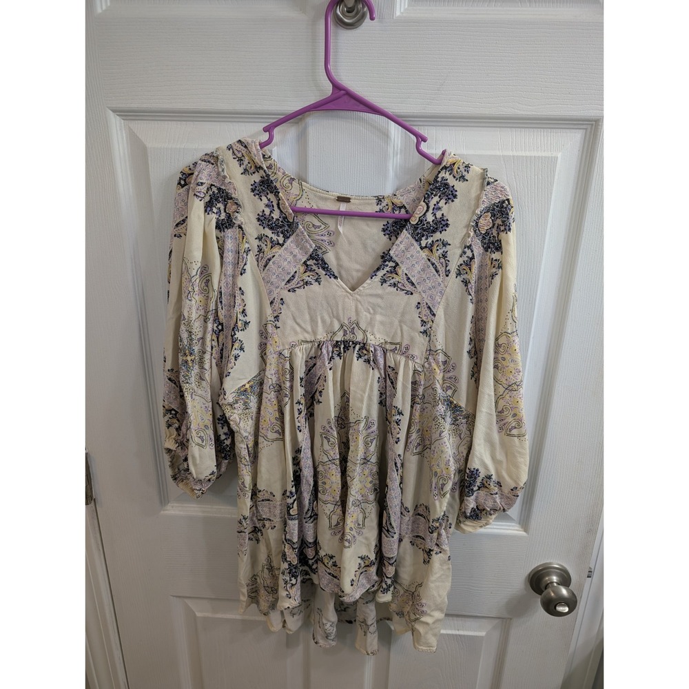 Free People Girl Talk‎ Paisley Babydoll Tunic Women Cream V-Neck Boho - Size S